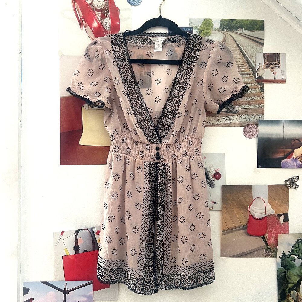 Vintage Empire Waist Pink and Brown Chiffon Blouse Sheer Top Y2K Charlotte Russe
